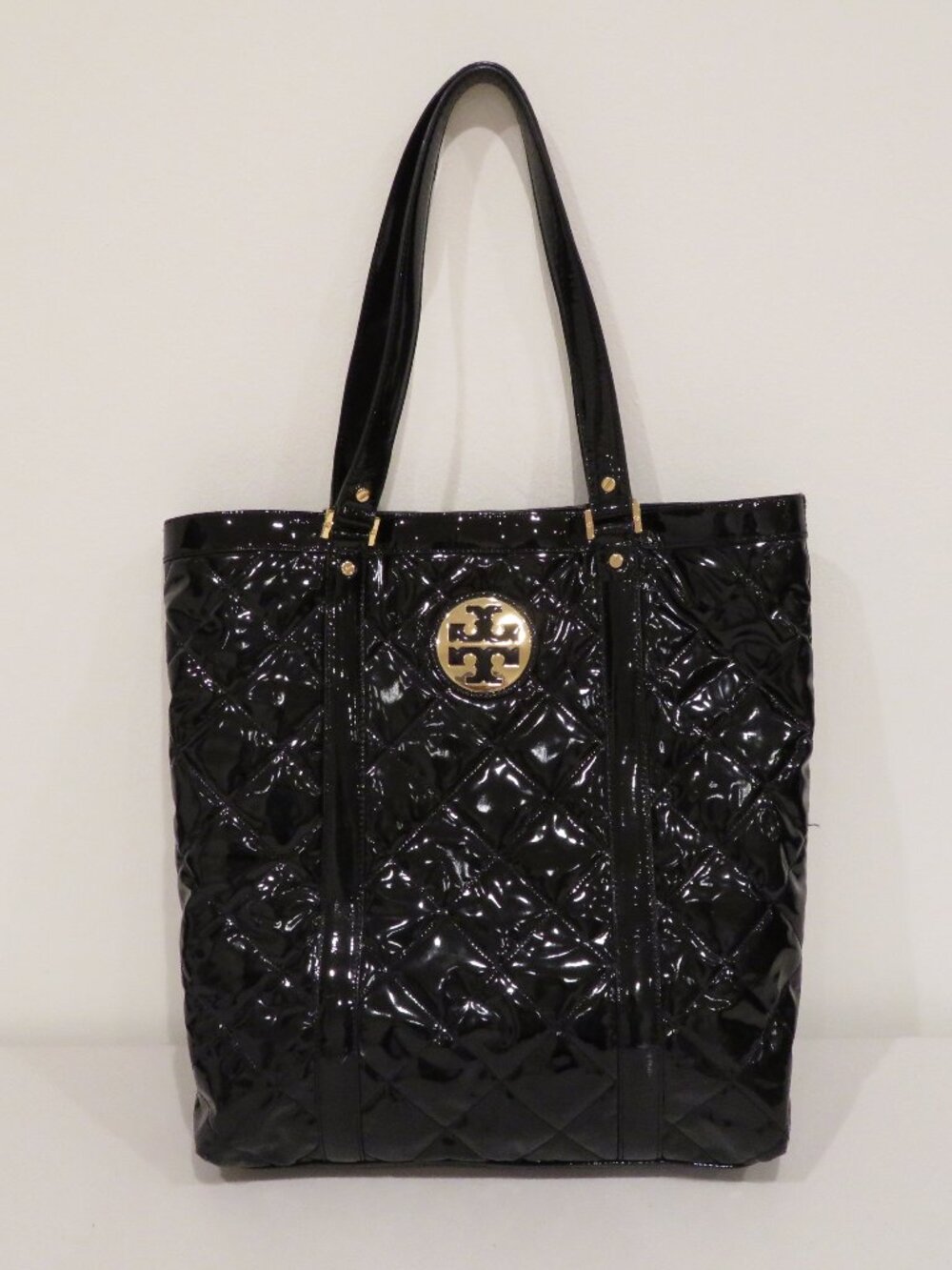 Tory Burch Black Patent Leather Quilted Tote Bag Large